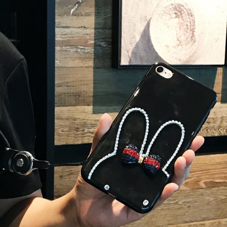 For iPhone SE 2020 & 8 & 7 Diamante Bowknot Rabbit Ear Full Coverage Drop-proof Protective Back Cover Case