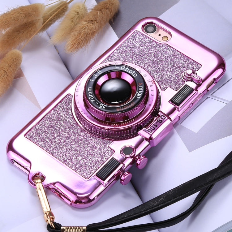 For iPhone SE 2020 & 8 & 7 TPU Camera Shape Mirror Glitter Protective Back Cover Case  with Holder & Lanyard