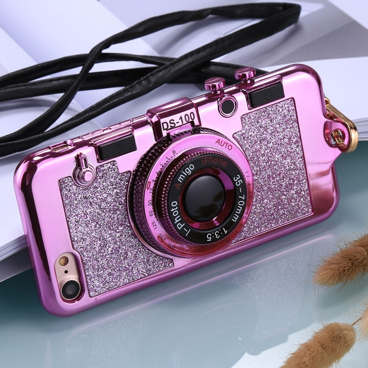 For iPhone SE 2020 & 8 & 7 TPU Camera Shape Mirror Glitter Protective Back Cover Case  with Holder & Lanyard