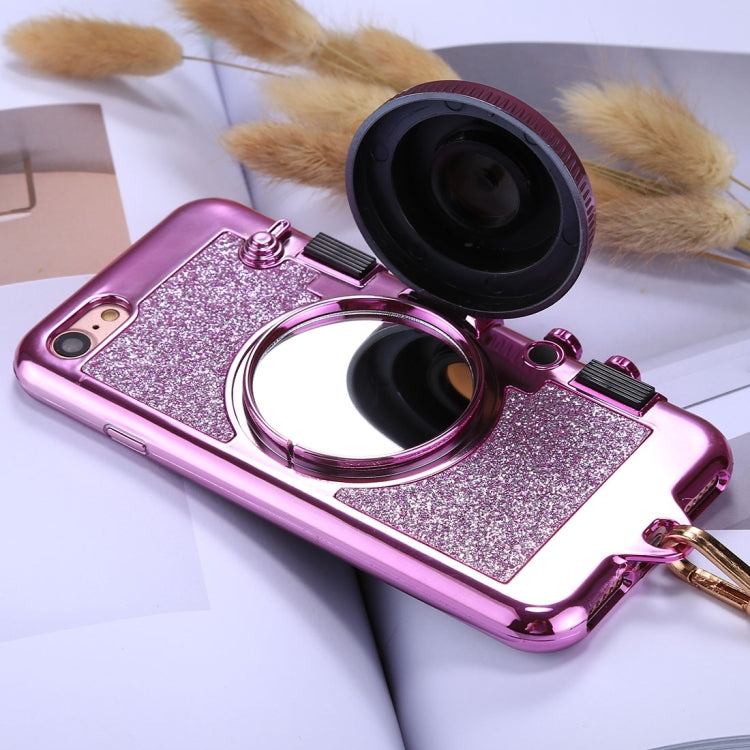 For iPhone SE 2020 & 8 & 7 TPU Camera Shape Mirror Glitter Protective Back Cover Case  with Holder & Lanyard