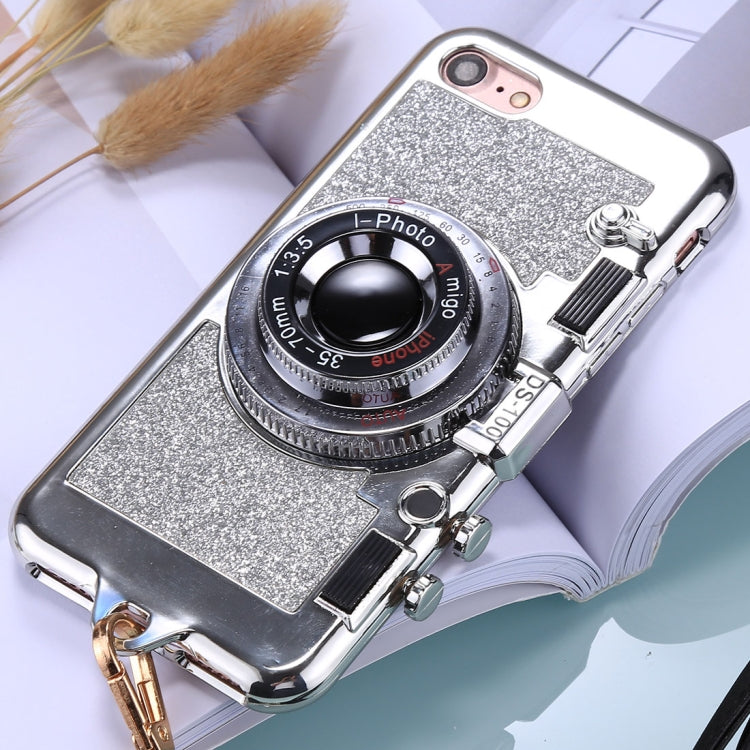 For iPhone SE 2020 & 8 & 7 TPU Camera Shape Mirror Glitter Protective Back Cover Case  with Holder & Lanyard