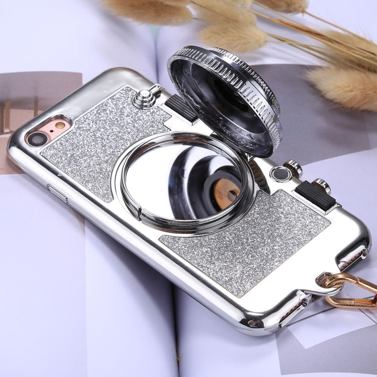 For iPhone SE 2020 & 8 & 7 TPU Camera Shape Mirror Glitter Protective Back Cover Case  with Holder & Lanyard