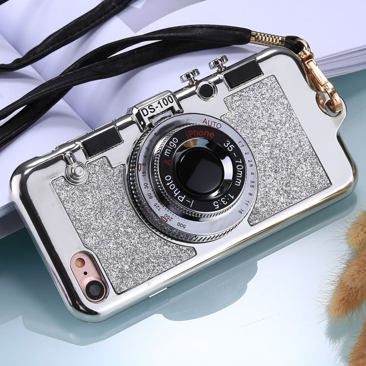 For iPhone SE 2020 & 8 & 7 TPU Camera Shape Mirror Glitter Protective Back Cover Case  with Holder & Lanyard