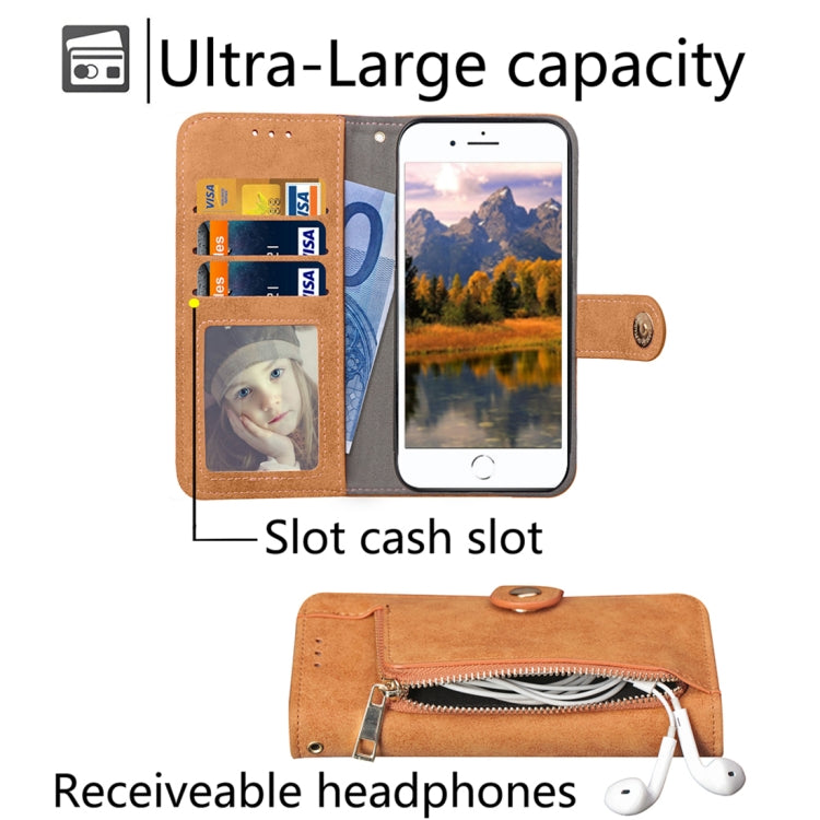 For iPhone SE 2020 & 8 & 7 & 6 & 6s Zipper Earphones Storage Magnetic Frosted Leather Case with Holder & Card Slots & Wallet