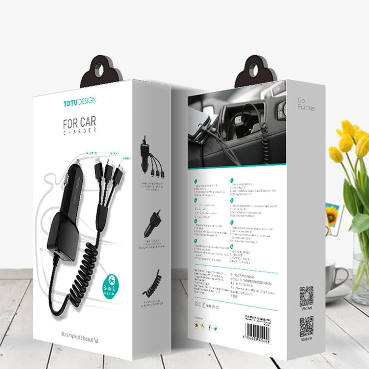 TOTUDESIGN Sharp Series 12V-24V Input 3 in 1 Smart Car Charger, Tension Spring Cable Length: 1.5m, For Tablet, iPad, iPhone, Galaxy, Sony, Lenovo, HTC, Huawei, and other Smartphones(Black)