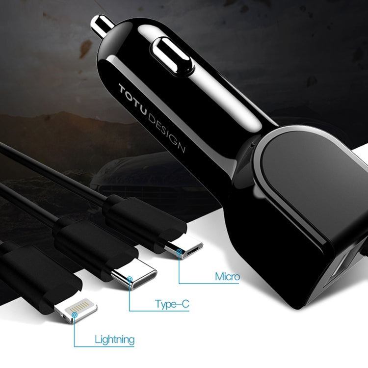 TOTUDESIGN Sharp Series 12V-24V Input 3 in 1 Smart Car Charger, Tension Spring Cable Length: 1.5m, For Tablet, iPad, iPhone, Galaxy, Sony, Lenovo, HTC, Huawei, and other Smartphones(Black)