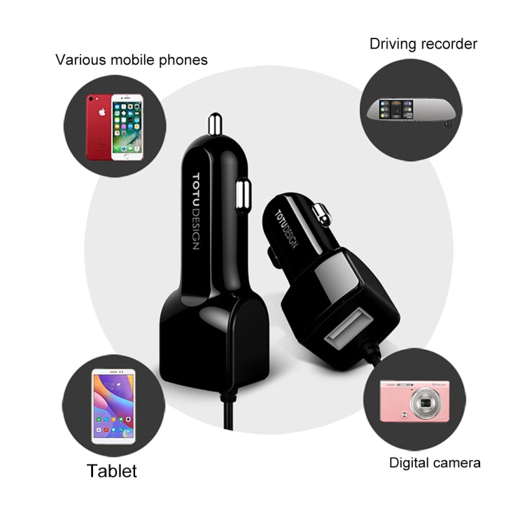 TOTUDESIGN Sharp Series 12V-24V Input 3 in 1 Smart Car Charger, Tension Spring Cable Length: 1.5m, For Tablet, iPad, iPhone, Galaxy, Sony, Lenovo, HTC, Huawei, and other Smartphones(Black)