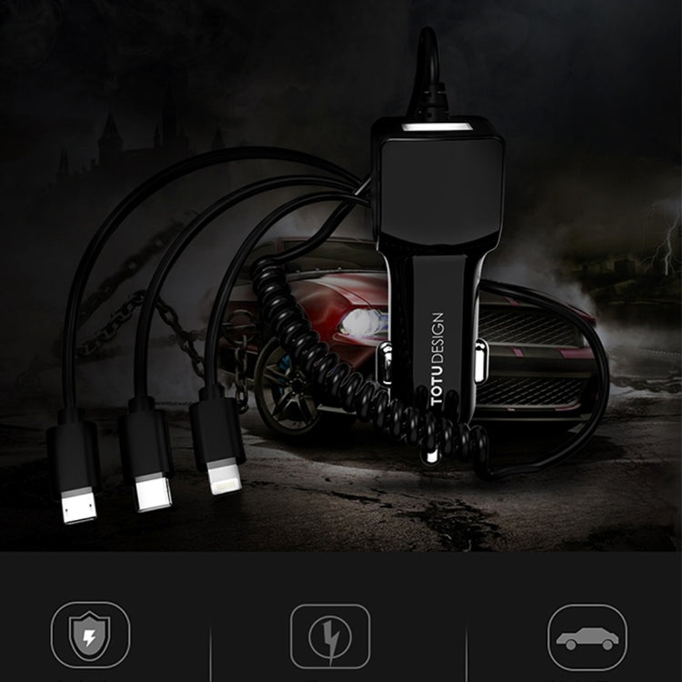TOTUDESIGN Sharp Series 12V-24V Input 3 in 1 Smart Car Charger, Tension Spring Cable Length: 1.5m, For Tablet, iPad, iPhone, Galaxy, Sony, Lenovo, HTC, Huawei, and other Smartphones(Black)