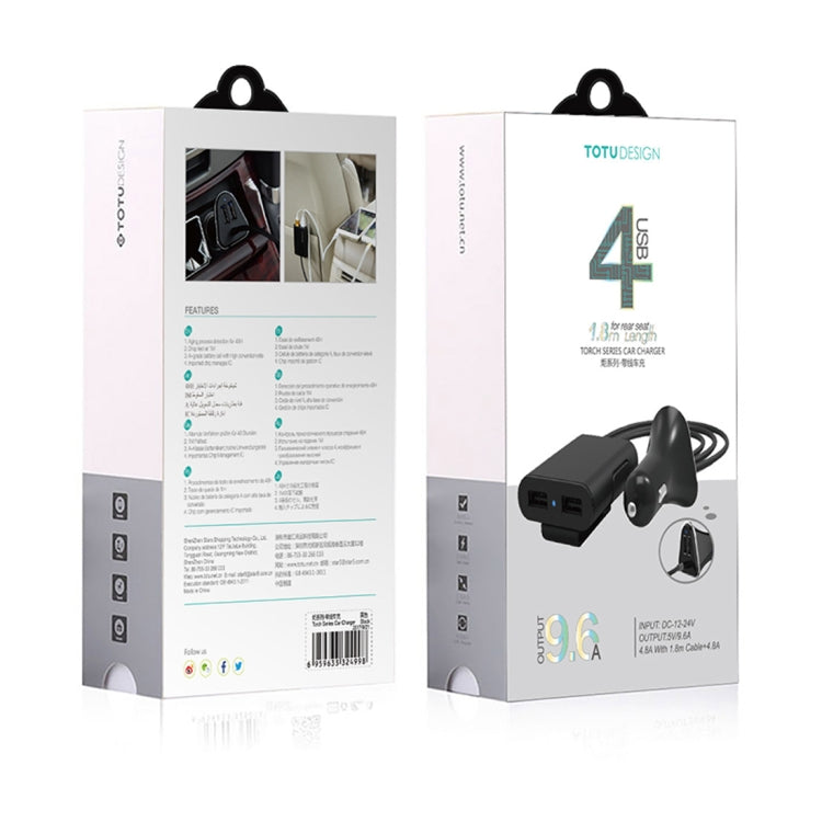 TOTUDESIGN Torch Series 9.6A Output ABS + PC Shell 4 USB Ports Smart Car Charger, Cable Length: 1.8m, For iPhone, Galaxy, Sony, Lenovo, HTC, Huawei, and other Smartphones(Black)