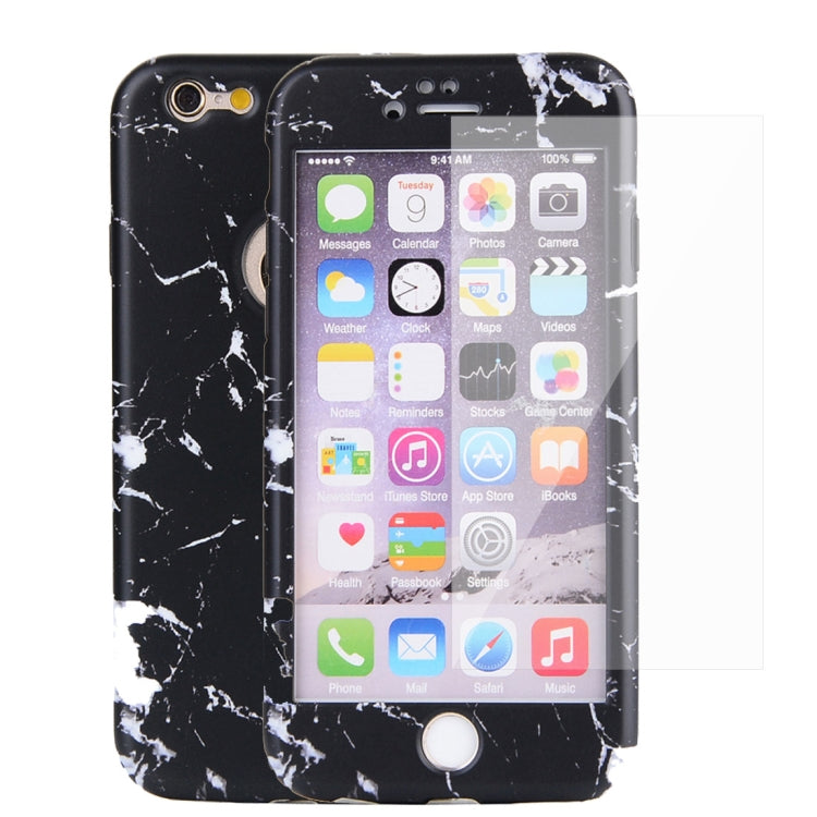 For iPhone SE 2020 & 8 & 7 Marble Texture TPU + PC Protective Back Cover Case + Tempered Glass Screen Protector(Black)