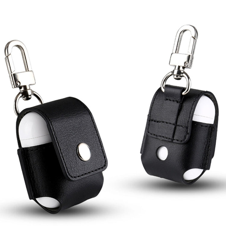 Creative Wireless Bluetooth Earphone Genuine Leather Protective Bag Anti-lost Storage Bag with Stainless Steel Hook for Apple AirPods 1/2