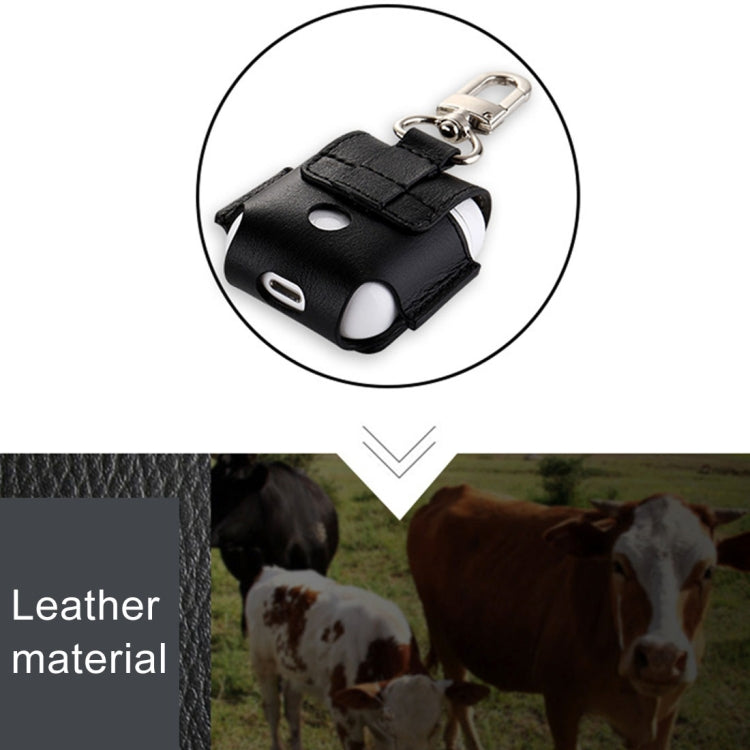 Creative Wireless Bluetooth Earphone Genuine Leather Protective Bag Anti-lost Storage Bag with Stainless Steel Hook for Apple AirPods 1/2