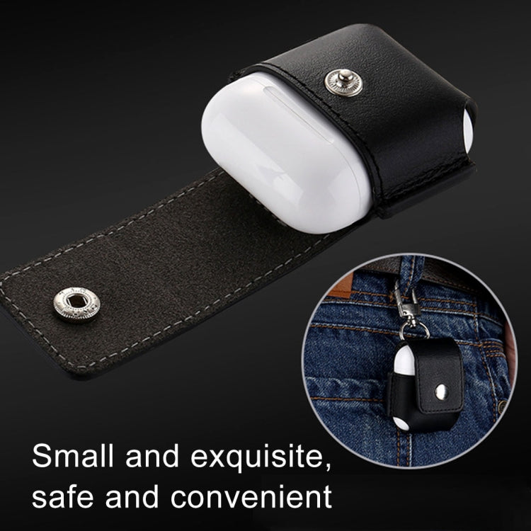 Creative Wireless Bluetooth Earphone Genuine Leather Protective Bag Anti-lost Storage Bag with Stainless Steel Hook for Apple AirPods 1/2