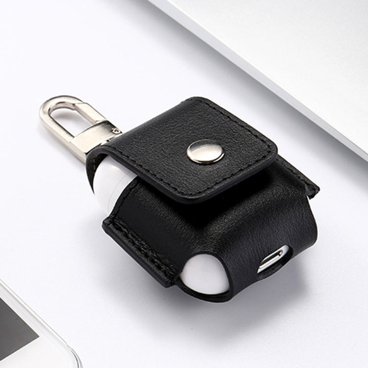 Creative Wireless Bluetooth Earphone Genuine Leather Protective Bag Anti-lost Storage Bag with Stainless Steel Hook for Apple AirPods 1/2