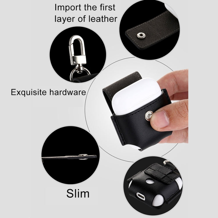 Creative Wireless Bluetooth Earphone Genuine Leather Protective Bag Anti-lost Storage Bag with Stainless Steel Hook for Apple AirPods 1/2