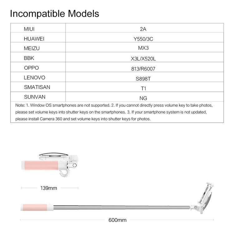 ROCK Mini Selfie Stick Monopod Extendable Handheld Holder with Wire Control & Mirror, For iPhone, Samsung, HTC, LG, Sony, Huawei, Lenovo, Xiaomi and other Smartphones