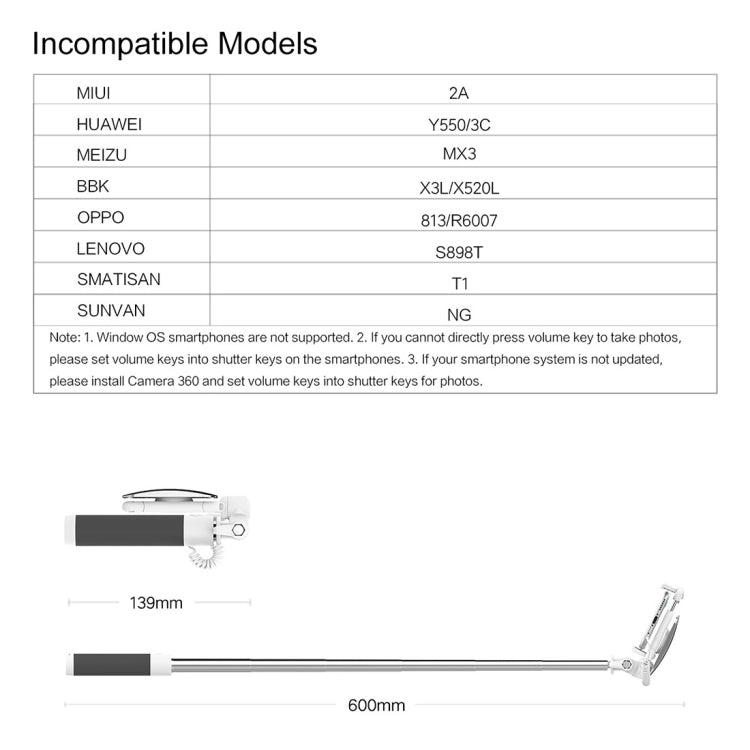 ROCK Mini Selfie Stick Monopod Extendable Handheld Holder with Wire Control & Mirror, For iPhone, Samsung, HTC, LG, Sony, Huawei, Lenovo, Xiaomi and other Smartphones