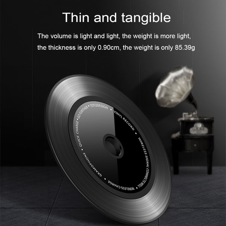 TOTUDESIGN 10W Black Gum Record Style Zinc Alloy + Aluminium Alloy Intelligent Qi Wireless Charger Charging Pad, For iPhone, Galaxy, Huawei, Xiaomi, LG, HTC and Other QI Standard Smart Phones