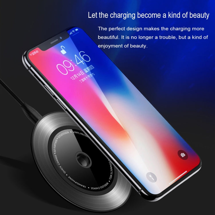 TOTUDESIGN 10W Black Gum Record Style Zinc Alloy + Aluminium Alloy Intelligent Qi Wireless Charger Charging Pad, For iPhone, Galaxy, Huawei, Xiaomi, LG, HTC and Other QI Standard Smart Phones