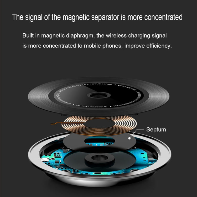 TOTUDESIGN 10W Black Gum Record Style Zinc Alloy + Aluminium Alloy Intelligent Qi Wireless Charger Charging Pad, For iPhone, Galaxy, Huawei, Xiaomi, LG, HTC and Other QI Standard Smart Phones
