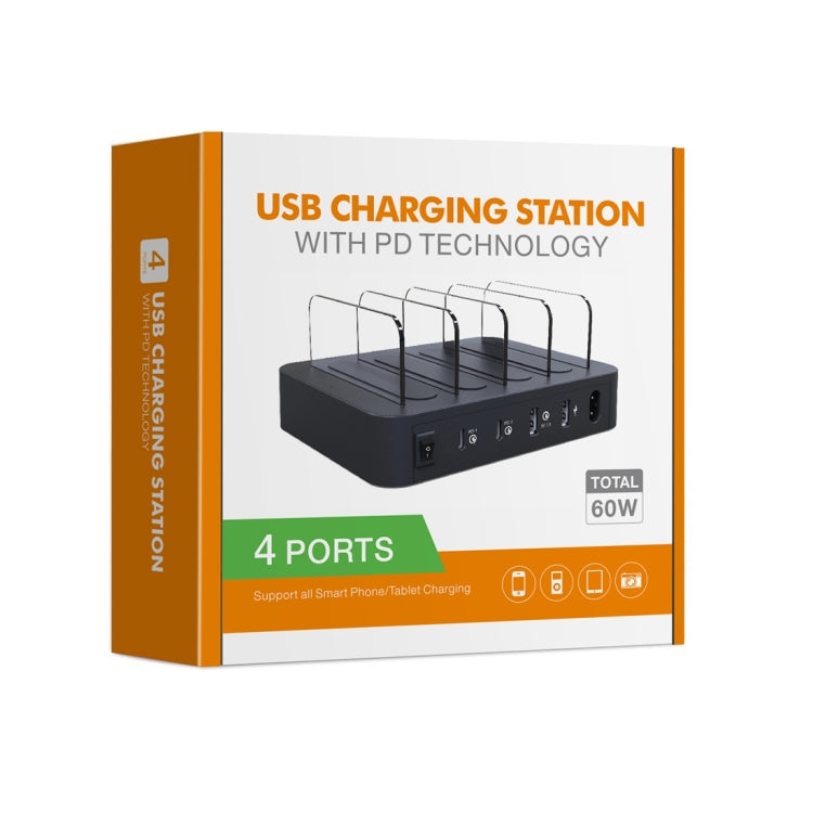 Multi-function AC 100V~240V Output 4 Ports USB-C / Type-C Double PD Detachable Charging Station Smart Charger,Support QC3.0(Black)