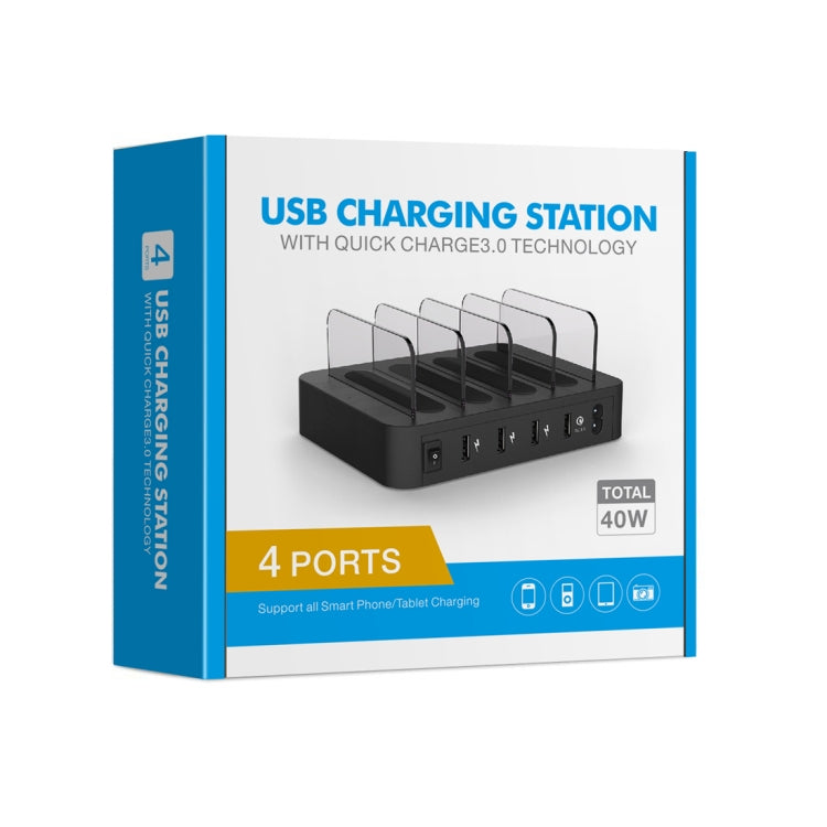 016-QC Multi-function AC 100V~240V Output 4 Ports USB Detachable Charging Station Smart Charger,Support QC3.0(Black)