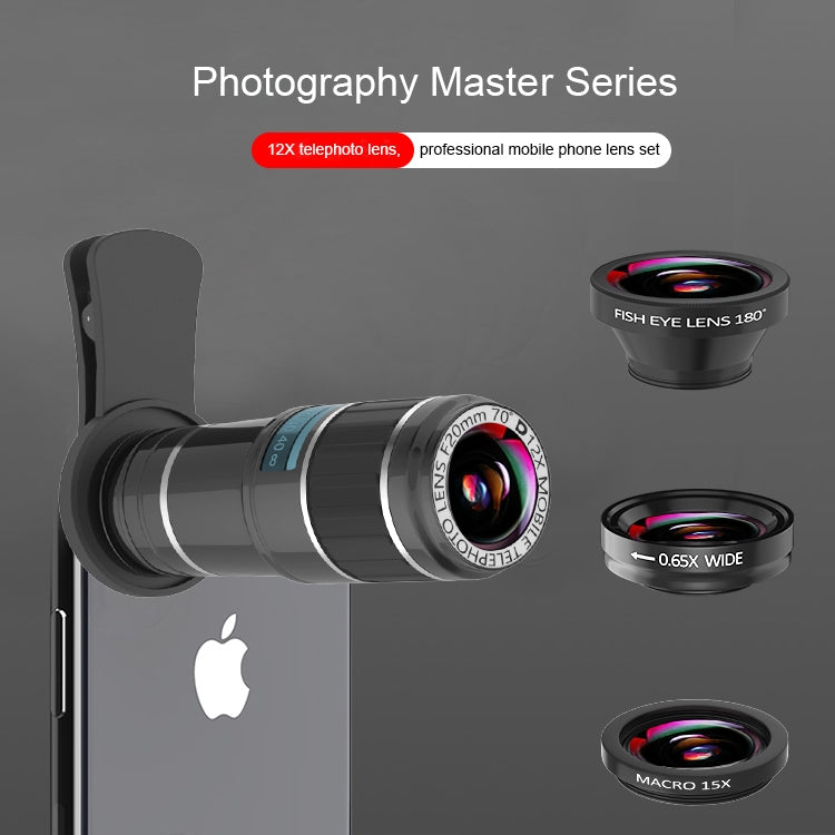 HK019 Mobile Phone 12X Zoom Optical Zoom Telescope Lens Set with Clip