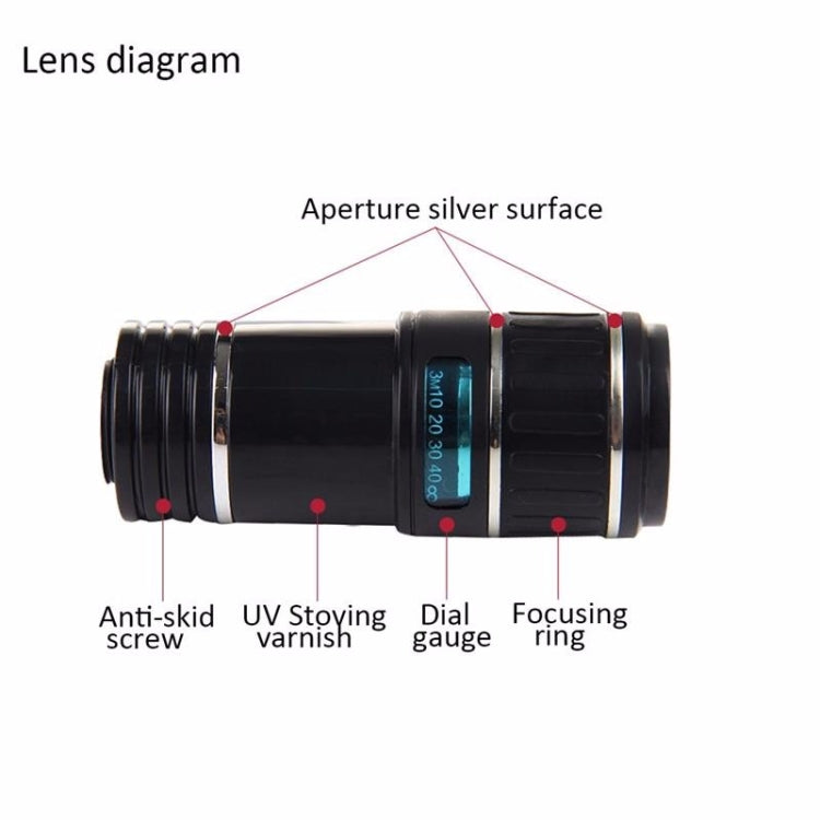 HK019 Mobile Phone 12X Zoom Optical Zoom Telescope Lens Set with Clip