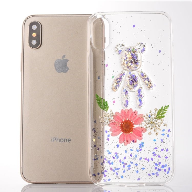 For iPhone X / XS Epoxy Dripping Pressed Real Dried Flower + Bear Pattern Soft Protective Case