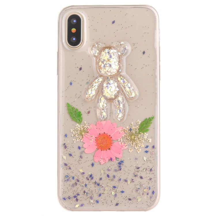 For iPhone X / XS Epoxy Dripping Pressed Real Dried Flower + Bear Pattern Soft Protective Case