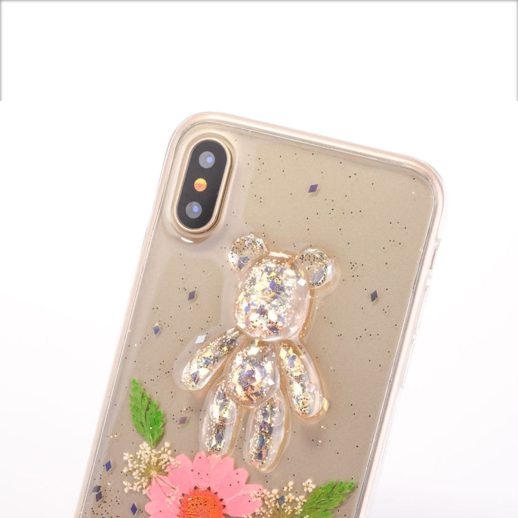 For iPhone X / XS Epoxy Dripping Pressed Real Dried Flower + Bear Pattern Soft Protective Case