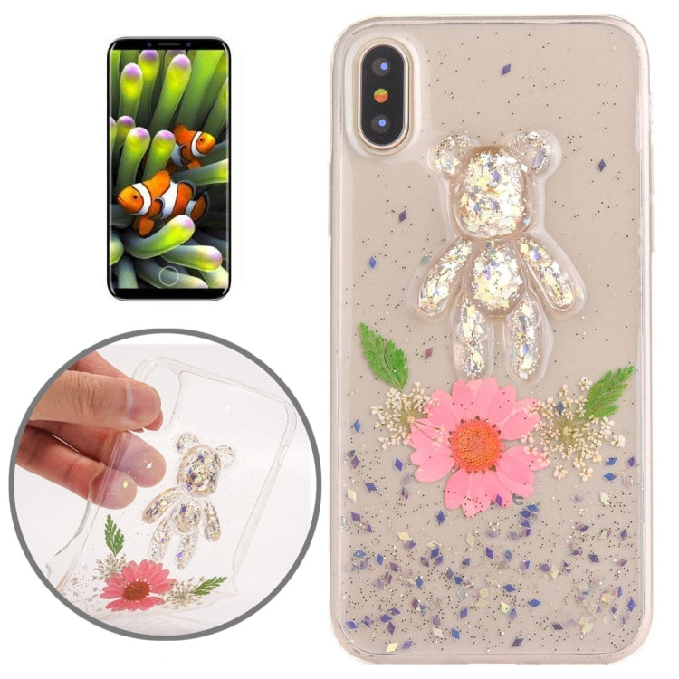 For iPhone X / XS Epoxy Dripping Pressed Real Dried Flower + Bear Pattern Soft Protective Case
