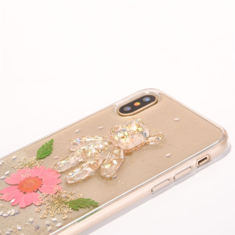 For iPhone X / XS Epoxy Dripping Pressed Real Dried Flower + Bear Pattern Soft Protective Case