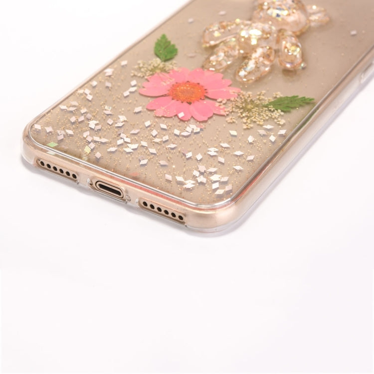 For iPhone X / XS Epoxy Dripping Pressed Real Dried Flower + Bear Pattern Soft Protective Case