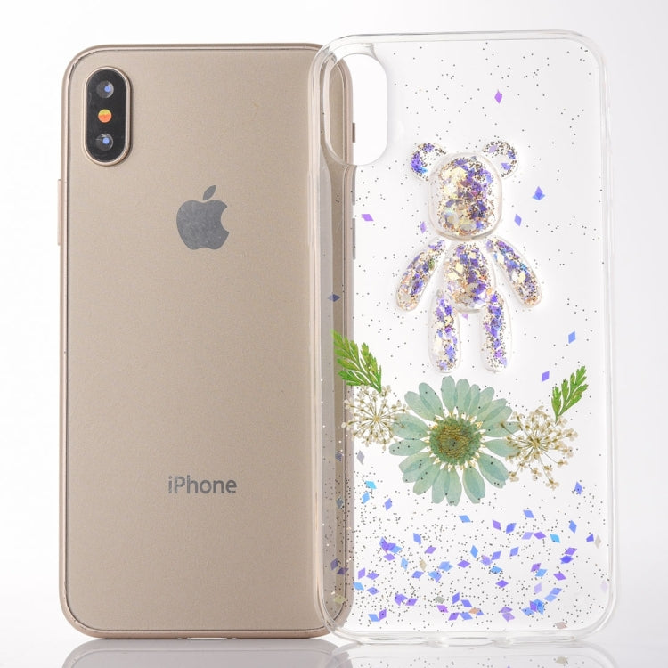 For iPhone X / XS Epoxy Dripping Pressed Real Dried Flower + Bear Pattern Soft Protective Case