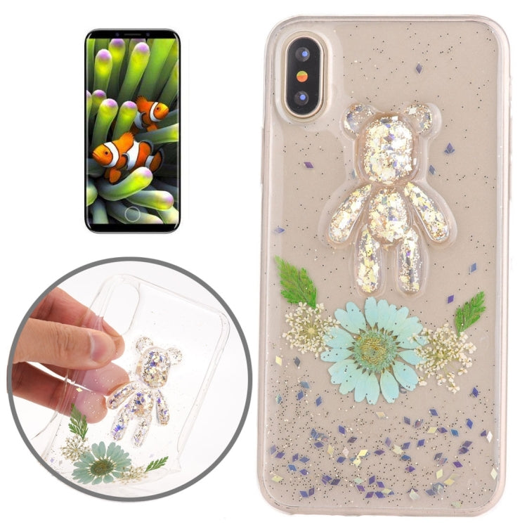 For iPhone X / XS Epoxy Dripping Pressed Real Dried Flower + Bear Pattern Soft Protective Case
