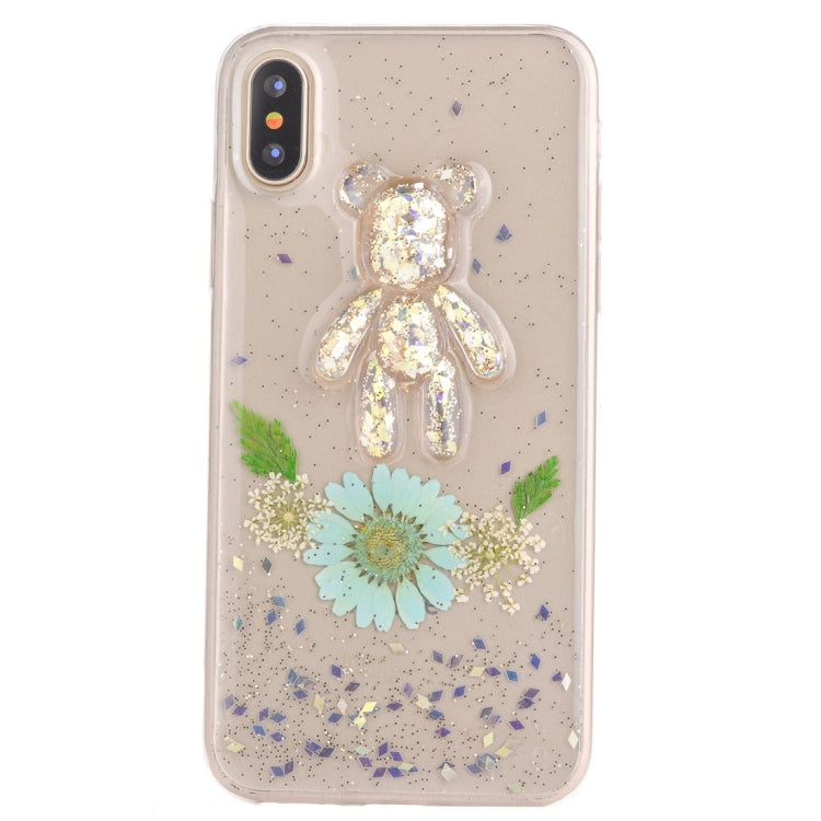 For iPhone X / XS Epoxy Dripping Pressed Real Dried Flower + Bear Pattern Soft Protective Case