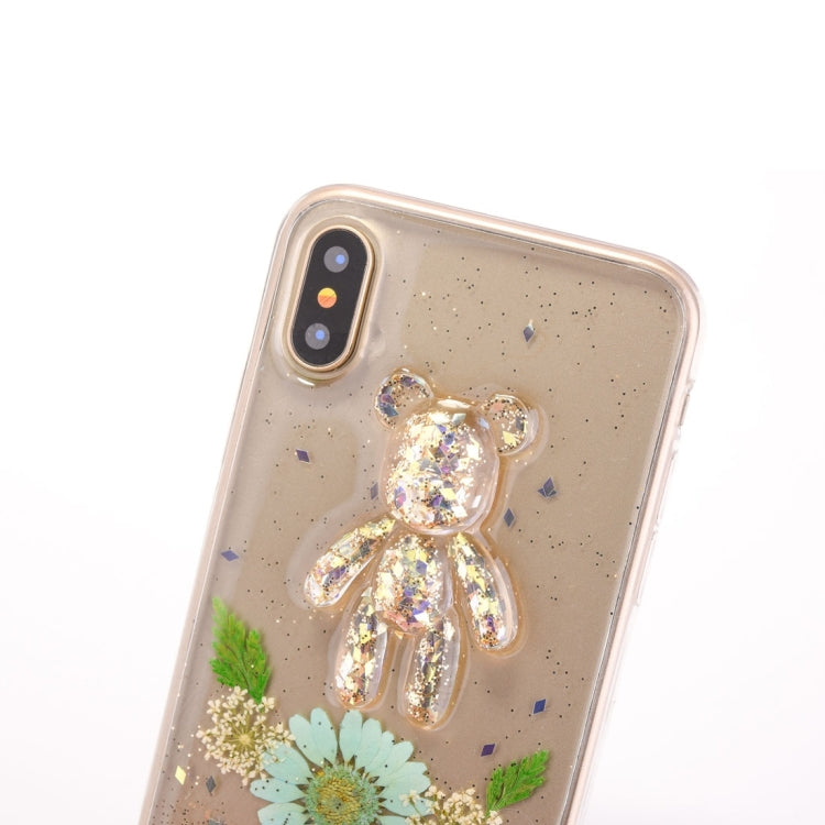 For iPhone X / XS Epoxy Dripping Pressed Real Dried Flower + Bear Pattern Soft Protective Case