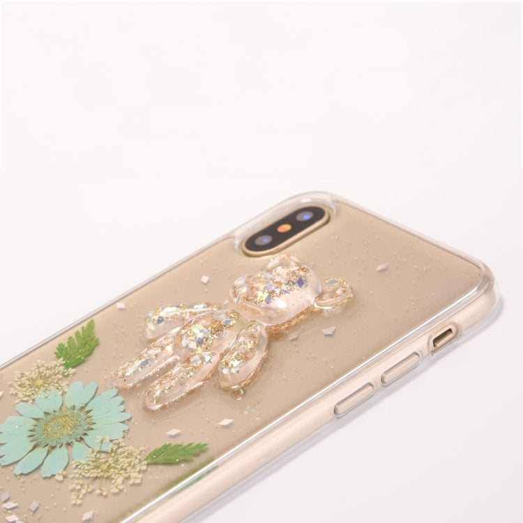For iPhone X / XS Epoxy Dripping Pressed Real Dried Flower + Bear Pattern Soft Protective Case