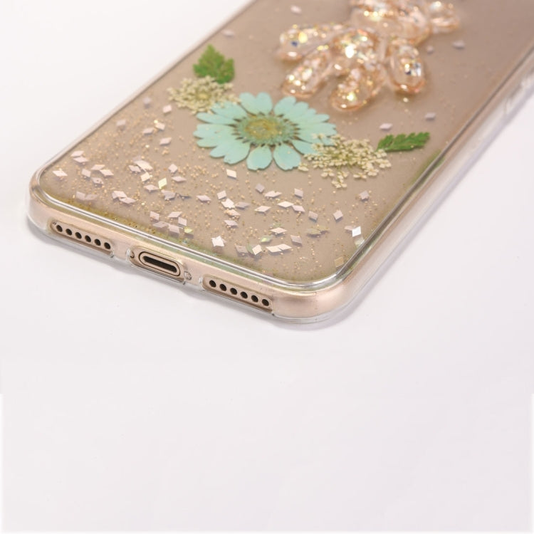 For iPhone X / XS Epoxy Dripping Pressed Real Dried Flower + Bear Pattern Soft Protective Case