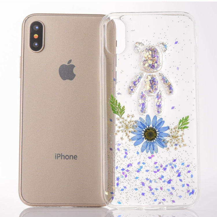 For iPhone X / XS Epoxy Dripping Pressed Real Dried Flower + Bear Pattern Soft Protective Case