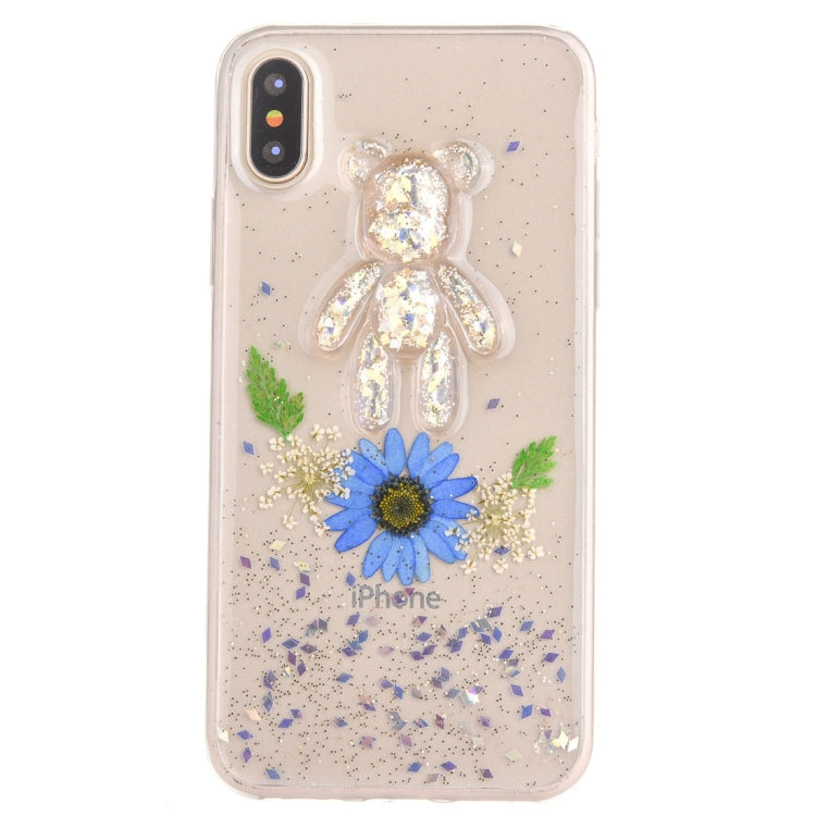 For iPhone X / XS Epoxy Dripping Pressed Real Dried Flower + Bear Pattern Soft Protective Case
