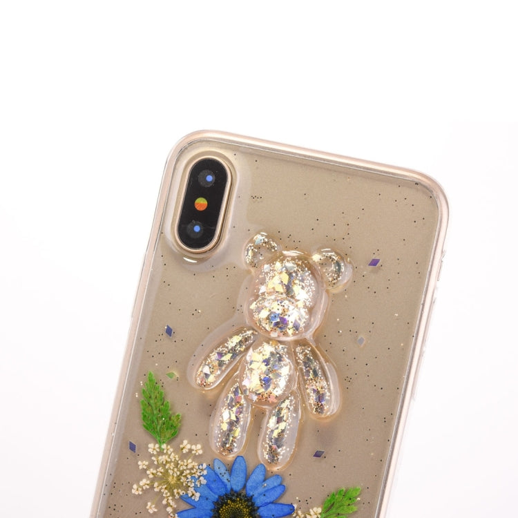 For iPhone X / XS Epoxy Dripping Pressed Real Dried Flower + Bear Pattern Soft Protective Case