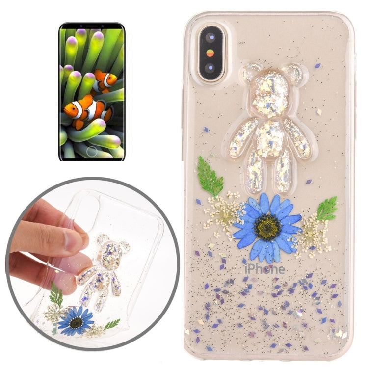 For iPhone X / XS Epoxy Dripping Pressed Real Dried Flower + Bear Pattern Soft Protective Case