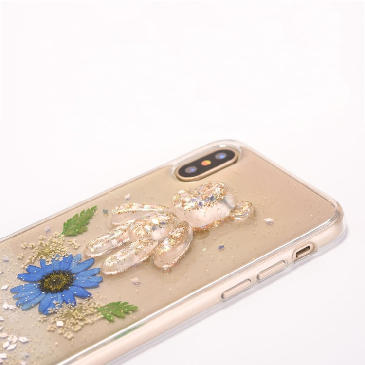 For iPhone X / XS Epoxy Dripping Pressed Real Dried Flower + Bear Pattern Soft Protective Case