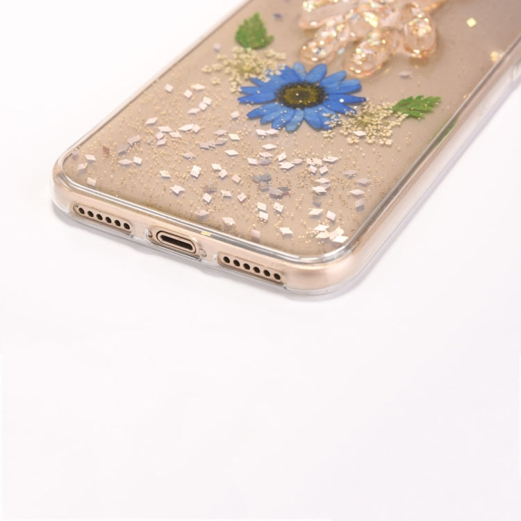 For iPhone X / XS Epoxy Dripping Pressed Real Dried Flower + Bear Pattern Soft Protective Case
