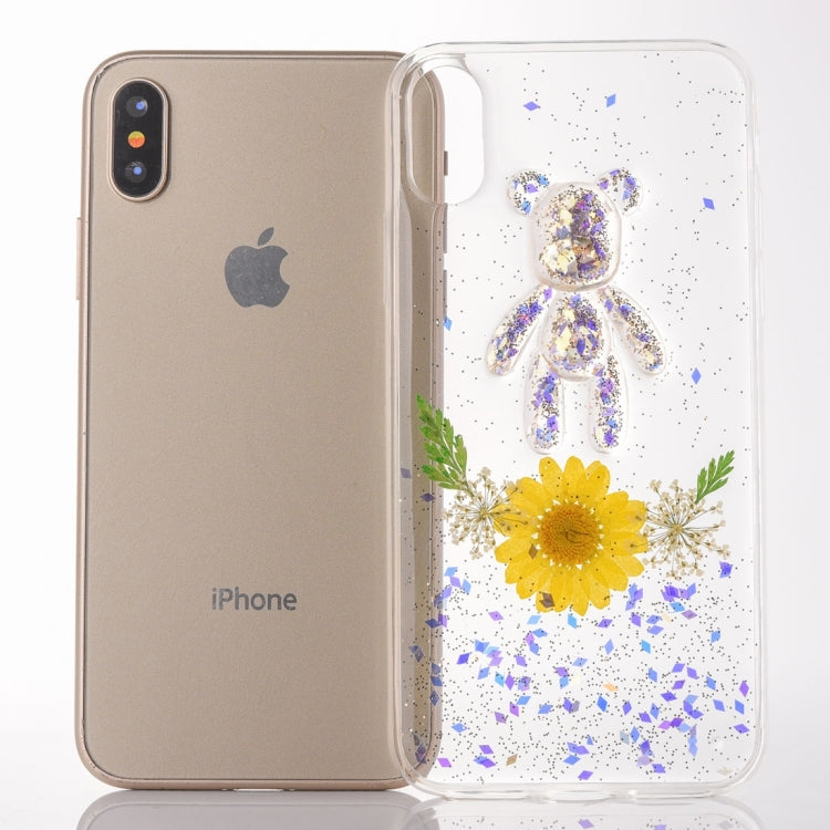 For iPhone X / XS Epoxy Dripping Pressed Real Dried Flower + Bear Pattern Soft Protective Case