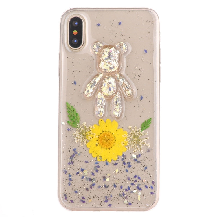 For iPhone X / XS Epoxy Dripping Pressed Real Dried Flower + Bear Pattern Soft Protective Case