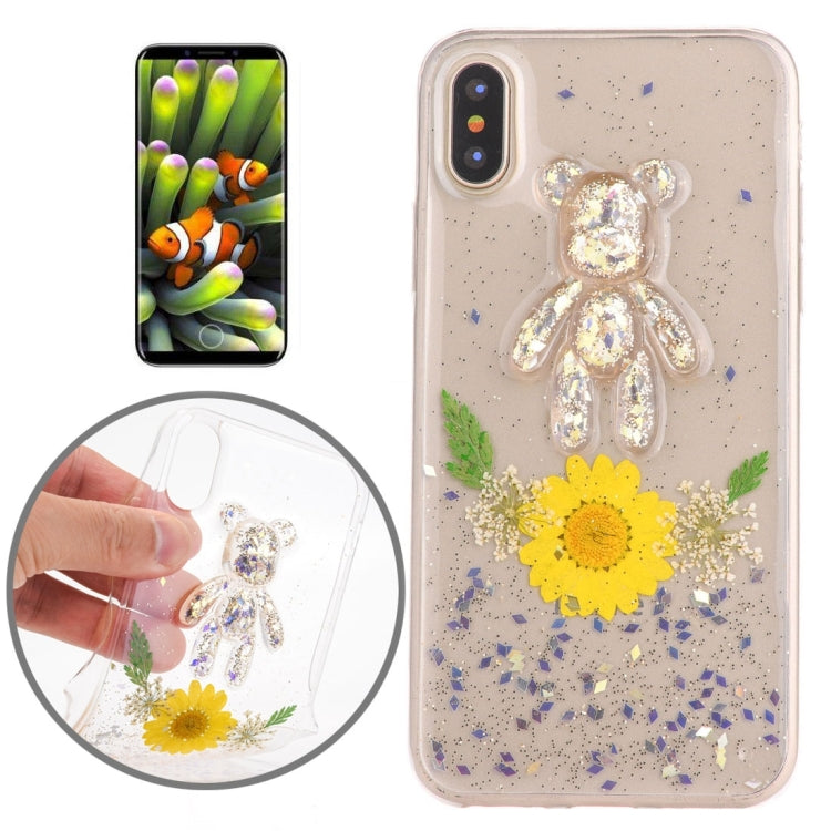 For iPhone X / XS Epoxy Dripping Pressed Real Dried Flower + Bear Pattern Soft Protective Case