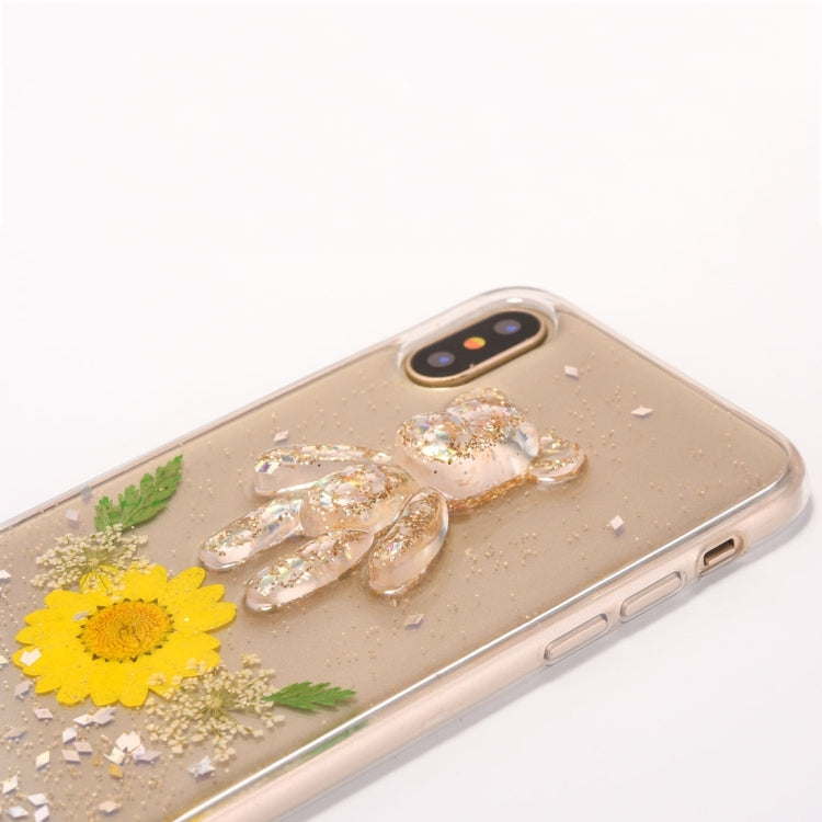 For iPhone X / XS Epoxy Dripping Pressed Real Dried Flower + Bear Pattern Soft Protective Case